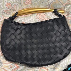 Elegant Black Woven Handbag with Gold Handle